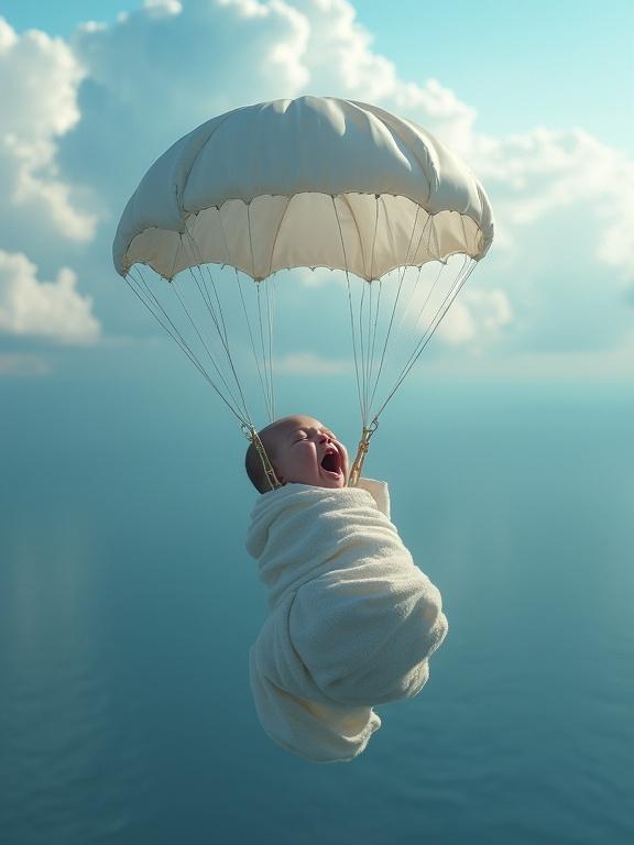 Dramatic shot of a swaddled baby crying while descending with a deployed white parachute above clouds and a vast ocean. Cinematic atmosphere.