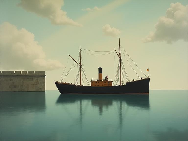 A surreal side view of a ship floating on calm water painted in a dreamlike color palette. Background includes a low stone wall and a cloudy sky. Captures the atmosphere of René Magritte's art with precise lines and subtle lighting.