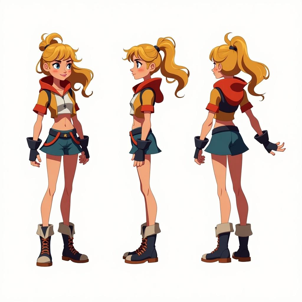 This image features a character design of a brave and clever girl. She is depicted from three angles: front, side, and back, allowing viewers to see the entire outfit and details from head to toe. Her outfit includes a cropped hoodie, shorts, and sturdy boots, which emphasize her adventurous spirit. The character has a determined expression, showcasing her courage. Bright colors and a playful design make the character appealing for various media.