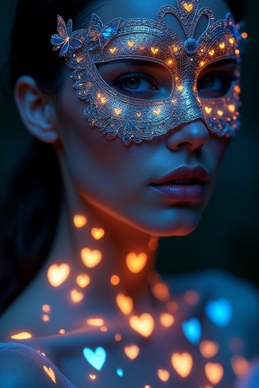 Close-up of a woman's face wearing an ornate masquerade mask. The mask covers her eyes and upper nose with glowing lights and butterflies. Her skin is illuminated with bioluminescent patterns in blue and orange. Her lips are slightly parted. Heart-shaped bokeh lights sparkle against a dark background.