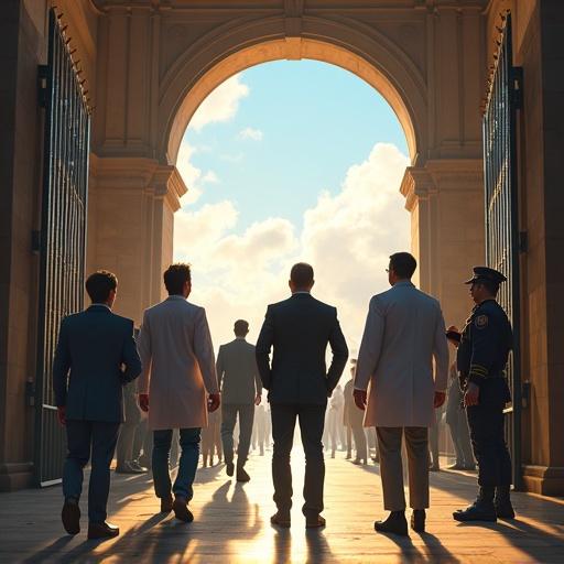 Scene depicting diverse professionals entering an arched gateway into a large hall. Emotion of hope and anticipation present. Bright and inviting atmosphere.