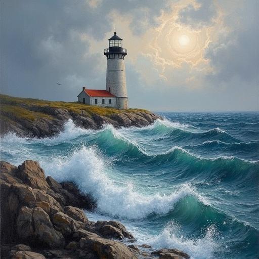 Lighthouse at edge of stormy sea. Oil on canvas. Traditional maritime oil painting style. Winslow Homer inspiration. Pinterest aesthetic. Ultra high resolution. Textured impasto waves. Detailed structure. Navy gray ochre. Natural moody light.