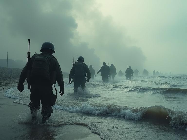 Soldiers landing on a smoke-filled beach. Image depicts grim atmosphere of D-Day. Scene shows treacherous water and obstacles faced by soldiers.