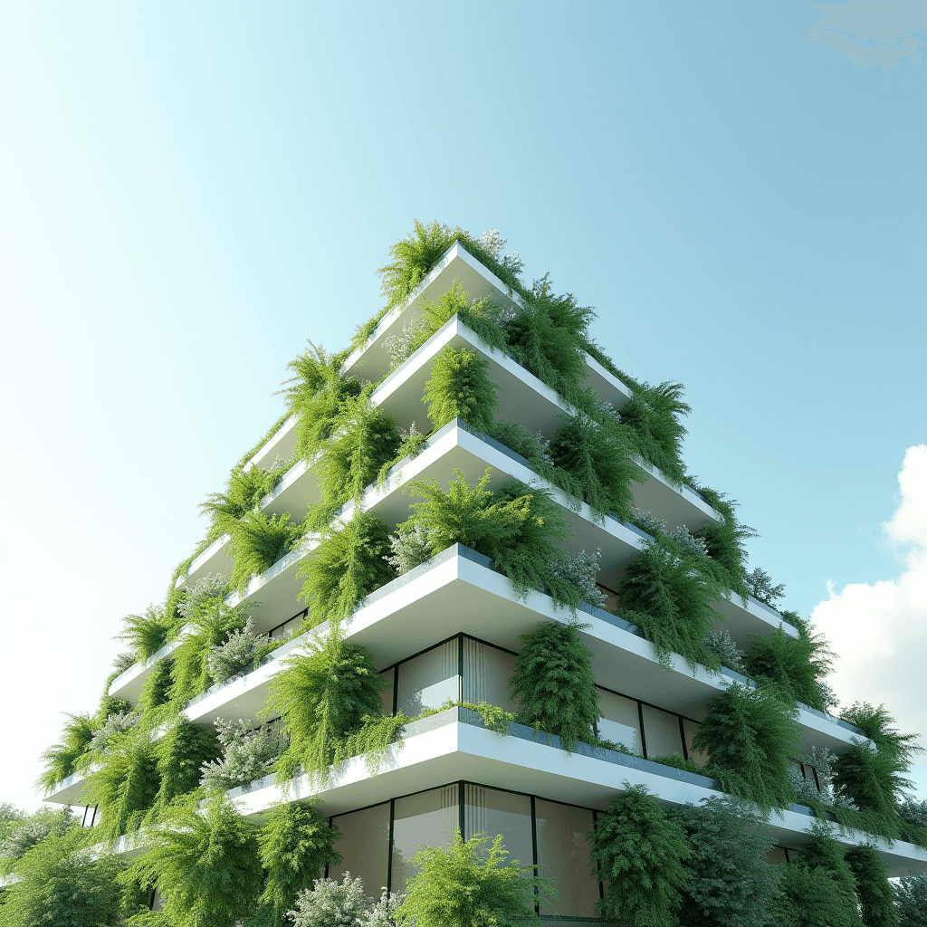 A modern building covered in lush greenery against a clear blue sky.