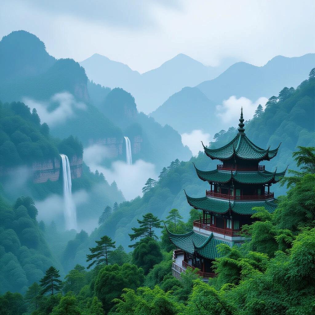 Image creates a tranquil and mysterious Eastern aesthetic with nature and architecture harmony. Soft greens and blues dominate the scene creating a hazy effect. Background features layered mountains and waterfalls adding depth. An ancient Eastern building with intricate design complements the surrounding nature. Birds fly in the sky adding dynamic energy. Overall atmosphere is serene and timeless.