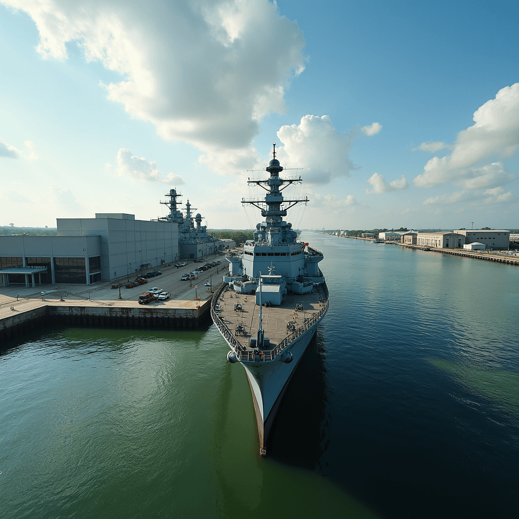 A large battleship docked at a harbor, surrounded by calm water and clear skies with scattered clouds.