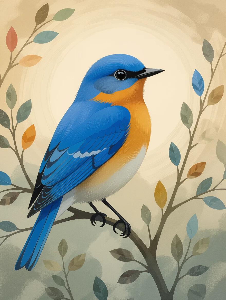 A bluebird illustrated in the style of Odilon Redon. The bird has bright blue feathers with an orange belly. It sits on a branch surrounded by delicate leaves. The background is soft and dreamy with pastel colors. The artwork has a whimsical and artistic feel.