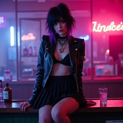 A goth woman sits on a bar counter. She has fishnet stockings and a schoolgirl skirt. Rose vine tattoos and silvery scars are visible. Her haircut is shaggy with purple underneath. She wears a studded choker and has scars on her wrists. She grips a vodka glass. The bar is lit with neon colors. A mirror reflects a mess in the background.