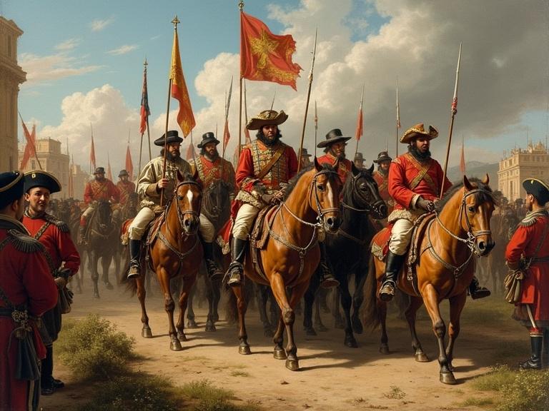 Spanish cavalry armies from the 16th century depicted in vibrant colors and detailed uniforms. Soldiers are on horses carrying flags. Dramatic clouds in the background. Historical accuracy in attire and weaponry.