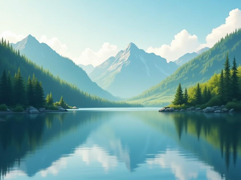 The image showcases a breathtaking mountainous landscape. A serene lake is centrally positioned, reflecting the majestic mountains and clear blue sky. Lush green forests frame both sides of the lake. The atmosphere is peaceful and vibrant, inviting viewers to immerse themselves in nature. Soft clouds float above, adding to the tranquility of the scene.