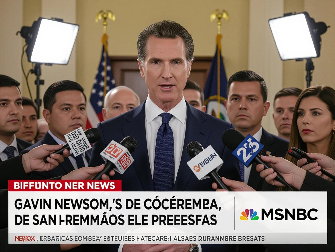 Ultra-realistic 3D image of Gavin Newsom at a press conference. Surrounded by microphones and camera flashes. Tense faces of journalists in the background. Sensational headlines displayed on screens around him.
