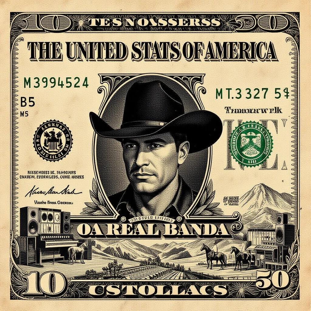 Design of a vintage-style dollar bill with a cowboy portrait. The text reads LA REAL BANDA. The background features engravings of a music studio and Colombian landscapes. The texture resembles worn paper money.