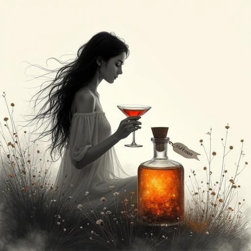 Minimalist ink painting of a serene goddess seated in a wildflower field. She holds a cocktail glass, with a tranquil expression. Nearby is an apothecary bottle filled with a glowing elixir. The scene is bathed in soft light, inspired by Japanese ink wash art.