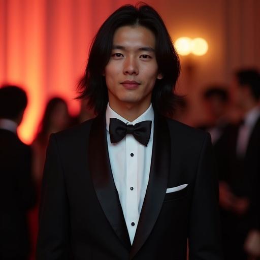 A young Asian man stands elegantly at a formal party. He has straight long hair and wears a tuxedo. The atmosphere is sophisticated and warm. The background is filled with party guests. The lighting creates a warm ambiance.