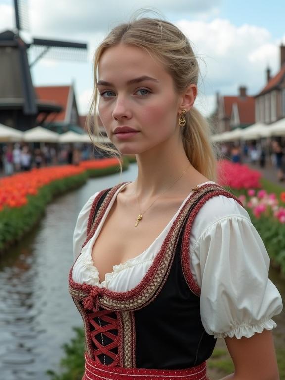 Image depicts a young Dutch woman with blonde hair and blue eyes. She has a feminine appearance wearing traditional attire. Background features a city canal, tulip fields, and windmills. Hands positioned behind her back and hair styled back. Focus on her youthful beauty.