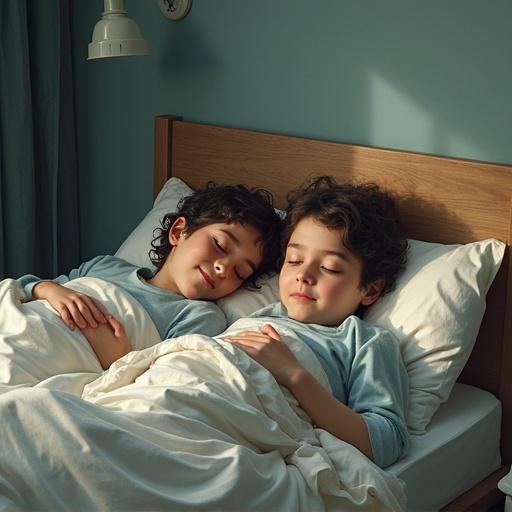 Two realistic people lying in a bed. The blanket is pulled down.