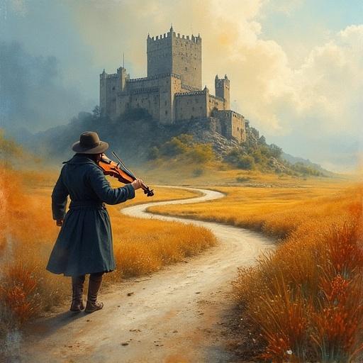 Minstrel playing music while wandering on a winding road towards a distant castle. The scene conveys a sense of adventure and romance. Atmospheric elements enhance the dreamy quality of the landscape.