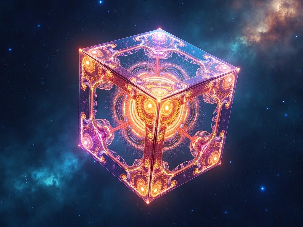 The image features a stunning tesseract, or a four-dimensional cube, floating in deep space. Its intricate design glows with orange and purple hues, casting a mystical light against a backdrop of starry skies. The cube is presented in a three-dimensional perspective, showcasing its complex geometric patterns. Surrounding it is a cosmic environment filled with swirling galaxies and ethereal colors. This digital artwork captures a blend of mathematics and art, making it a captivating visual for any sci-fi enthusiast.