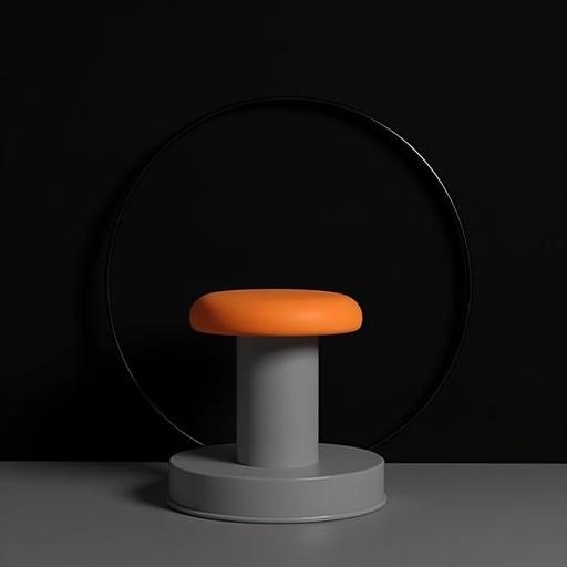 A modern minimalist stool with circular orange cushion on gray cylindrical base. The base is on a wider gray platform. A thin black circular frame is behind the stool against a solid black background.