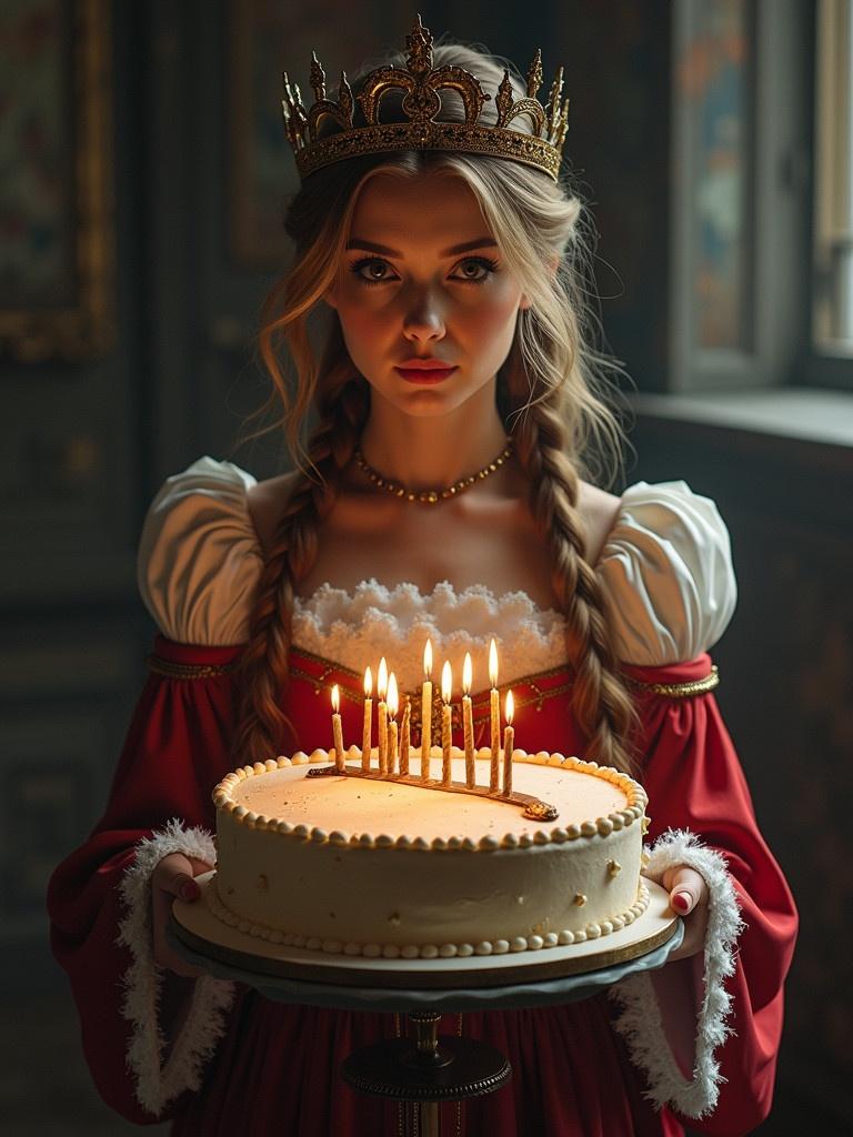 A character in a red gown holding a birthday cake with candles. The character has braids and wears a crown. The background is softly lit and ornate.