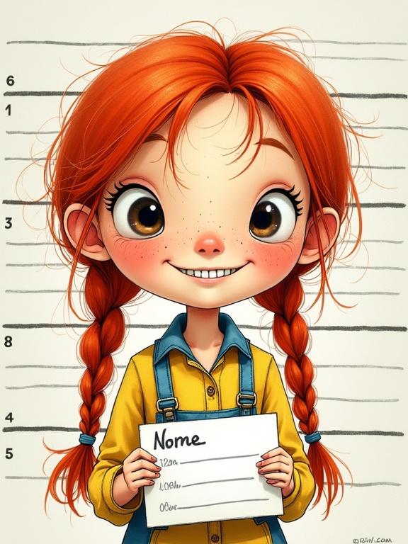 Character with red braids. Freckles on face. Wide smile. Dressed in yellow and blue. Holding name paper in front of ID wall. Illustration style reminiscent of children's storybooks. Detailed and vibrant illustration.