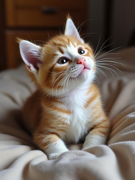 A close-up of an orange tabby kitten with big eyes on a soft blanket. The kitten looks curious and adorable while purring.