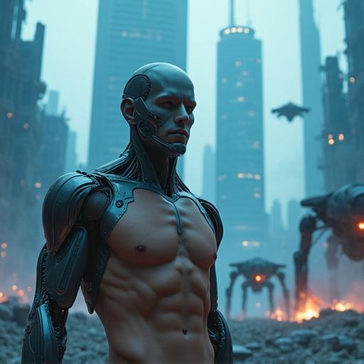 A hyper-realistic cinematic scene with a male cyborg. Cyborg has a partially exposed mechanical face; standing shirtless in the foreground. The background is a futuristic apocalyptic war zone with ruined skyscrapers and blue-tinted flames. Giant robots march through rubble while drones fly overhead. Colors are cold bluish tones with fiery highlights. Atmosphere is intense and dramatic like a sci-fi film poster. Photorealism in cyborg details and destruction.