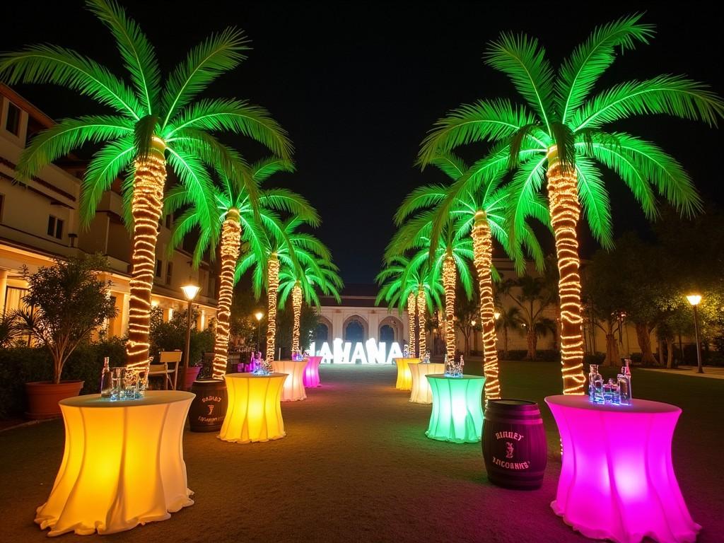 This image showcases a vibrant outdoor party scene featuring stunning 10ft artificial palm trees adorned with colorful lights. The area is decorated with cocktail tables draped in green linens, complemented by leaf printed accents. Illuminated letters spell out 'Havana', enhancing the tropical theme of the event. Additional elements include tables with yellow and fuchsia linens, whiskey barrels placed strategically, and striking light-up furniture. The atmosphere is lively and inviting, perfect for a themed celebration.