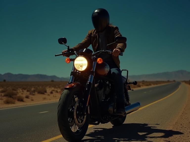 Man with long hair, viewed from behind, on a Harley bike at night on a deserted road