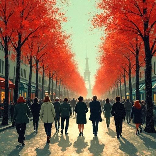 A bustling Parisian street scene with figures walking. Digital painting inspired by Post-impressionism. Style resembles Georges Seurat. Ultra-detailed work featuring pointillist dots. Vibrant atmosphere with rich reds and greens. Dappled sunlight visible.