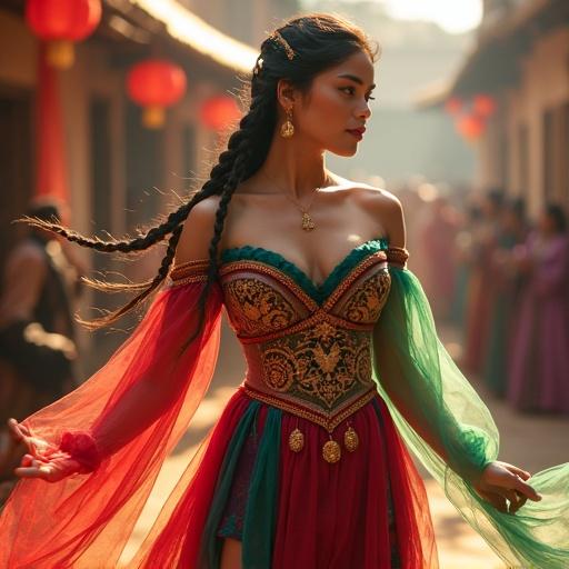 Young Romani-inspired noblewoman dances at a medieval festival. She has radiant porcelain skin and rosy cheeks. Long jet-black hair is braided with gold coins and colorful ribbons. Wearing a vibrant dance gown of ruby, emerald, sapphire, and amethyst silk and velvet. Embroidered bodice with floral and tribal motifs. Semi-transparent lace highlights her neckline. Cascading skirt features high slits revealing toned legs. Translucent veils trail behind her. Captured mid-dance with arms raised, one foot lifted. Courtyard background with lanterns and banners in warm light.