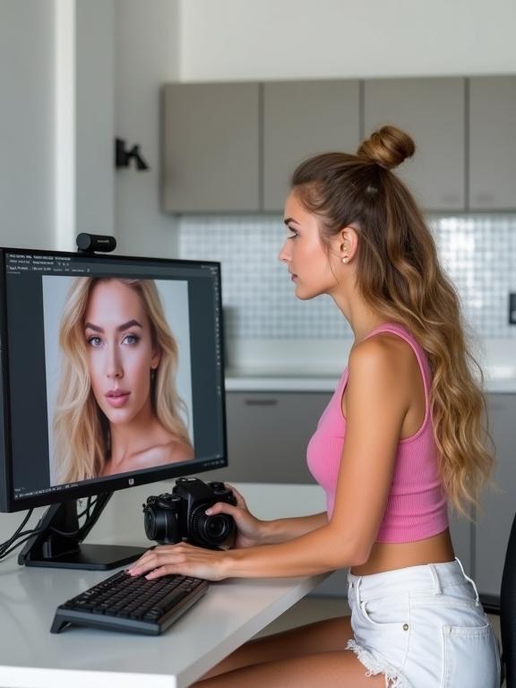 Beautiful woman with long wavy blonde hair styled in two buns edits photo on computer. She holds a professional camera and wears a pink tank top and white shorts. Large monitor displays close-up portrait of a beautiful model. The scene is in a clean modern studio with white walls and grey cabinets.