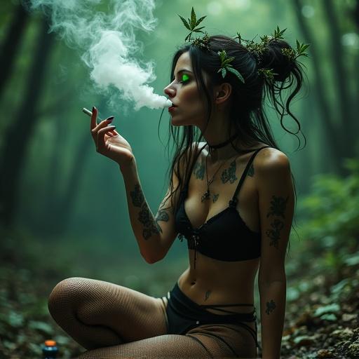 Sultry tattooed witch exhales weed smoke forming pentagram. Hair tangled with buds and leaves. Wearing sheer crop top and fishnet stockings. Background features a dark forest with bongs and rolling papers.