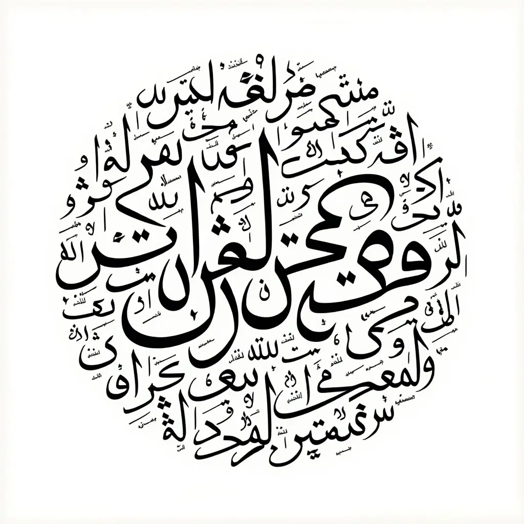 Handwritten Arabic calligraphy features names. Design has a circular shape. Calligraphy fills the space. Stylistic presentation of Arabic script.