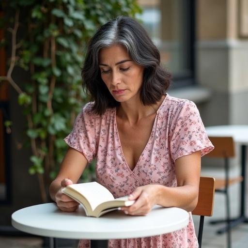 View from above. A realistic image of a woman sitting at a café table outside reading a book. Dark hair with a white strand. Wearing a summer blouse.