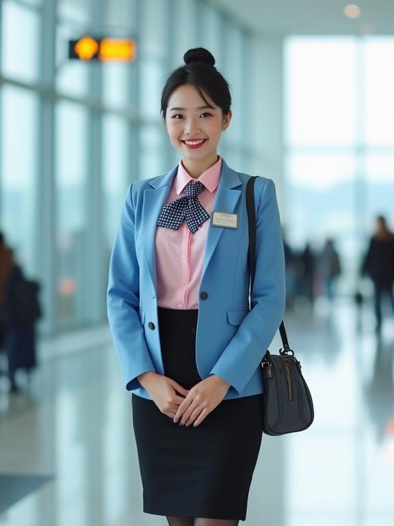 Full body in frame of kawaii-style airport ground staff. Female in late 20s stands inside airport terminal. Wearing blush-pink blouse, azure-blue blazer, black pencil skirt, and low-heel pumps. Hair styled into a bun. Smiling face with light makeup. Silver name tag and black lanyard with ID badge. Small dark-blue-gingham scarf around collar. Dark-grey satchel slung over shoulder.