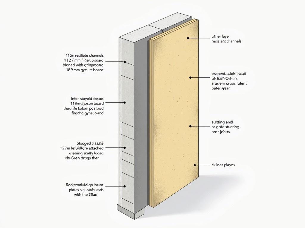 This is a 2D cross-section drawing of a staggered stud wall designed for sound isolation. The drawing shows multiple layers starting from the inner portion, including staggered studs creating an air gap. Rockwool insulation fills the spaces between these studs. Next, there’s a secondary layer comprising 12.7 mm Fibreboard attached to 15.9 mm Gypsum Board, using Green Glue for enhanced damping. The outer layer features resilient channels affixed to the studs, topped with another layer of 12.7 mm fibreboard and 18 mm gypsum board. The drawing also illustrates joint sealants and wooden plates for airtightness. Lastly, all joints and edges are carefully sealed to ensure soundproofing efficacy.