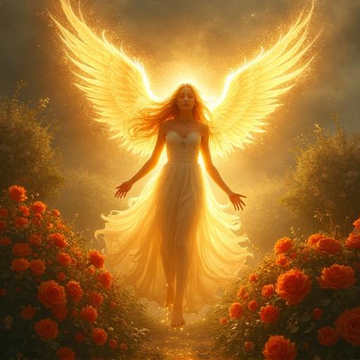 A glowing divine figure hovers over a flower garden radiating energy. The figure has angelic wings and flowing hair that resembles light. The garden blooms in vibrant colors, enhancing the fantastical feel with baroque influences.