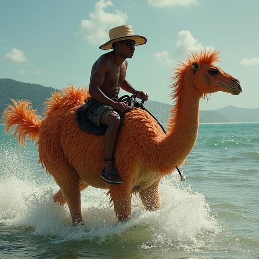 Image of a person riding a dodo-like creature on the beach. Bright sunny day with ocean waves.