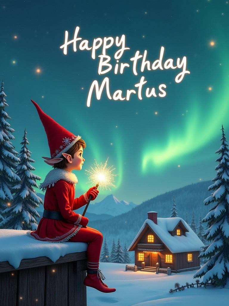 Elf sits on wooden ledge gazing at magical sky. Elf dressed in red outfit with pointed hat. Elf holds sparkling wand writing 'Happy Birthday Martus' in sky. Background shows snowy landscape with evergreen trees and little houses under Northern Lights.