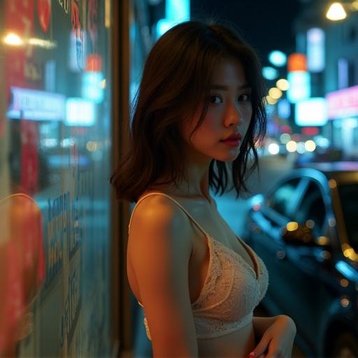 Korean woman adjusting lace camisole outside shop at night. Neon lights reflect on her skin. She looks at her reflection in the window. A black sedan is parked nearby, driver visible. Her expression shows vulnerability and desire. Phone notification lights up lipstick on cheek. Motion blur from passing cars creates an energetic backdrop.