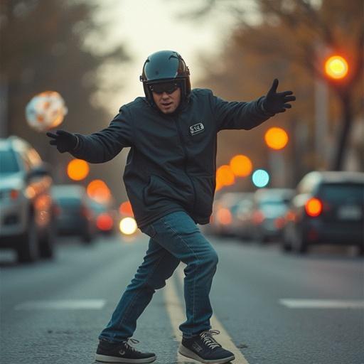 Capture a person in motion in an urban setting using Veo3 Gemini photography techniques. Show action and energy.