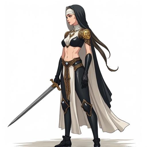Create an anime style drawing of a beautiful battle nun. Character wears mecha armor vambrace on right arm and mecha armor leggings on right leg. The character has an open-sided cloth tabard with religious iconography and a bare midriff. The nun holds a sword in one hand and poses in a martial arts stance. Background is solid white, full body view.