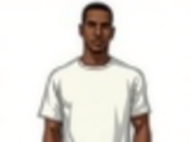 Black male character from Grand Theft Auto series stands in a neutral pose. Character has a serious expression. Wears a plain t-shirt. Background is minimal and clean. Full frontal lighting creates high contrast. Illustration style is cel-shaded resembling comic art with bold outlines and flat colors on clean backdrop.