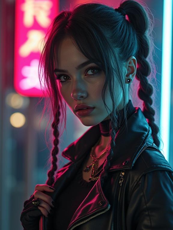 A stunning young girl with two colorful braids is styled as a cool android rock star. She displays a rebel attitude and dominance. The environment reflects a cyberpunk atmosphere with neon lights. The character exudes charisma and energy. The setting adds to the aesthetic. Intricate detail captures the essence of the resistance movement.