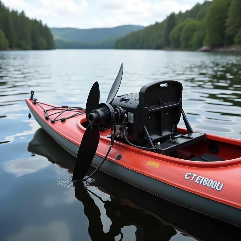 A kayak with a trolling motor mounted on it. The system features an electric motor connected to a belt drive. Two propellers are visible, designed for efficient movement in water. The kayak is on a calm lake with greenery surrounding.