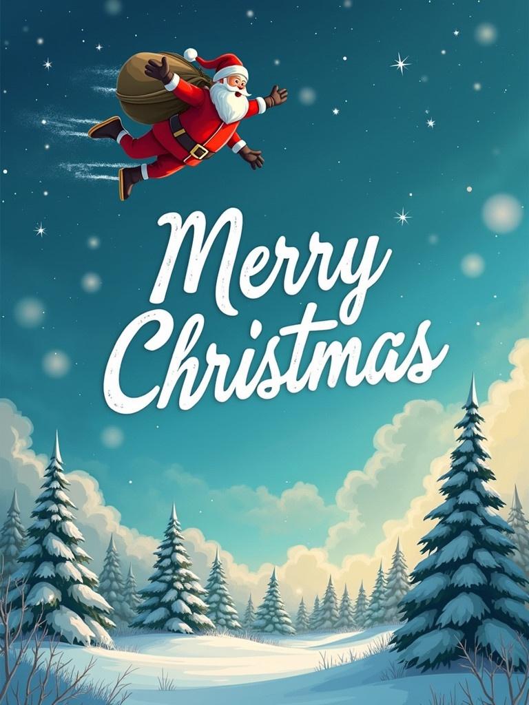 Merry Christmas text in the sky. Santa flies over winter landscape. Background features snow-covered trees. Kerala cultural elements in the design.