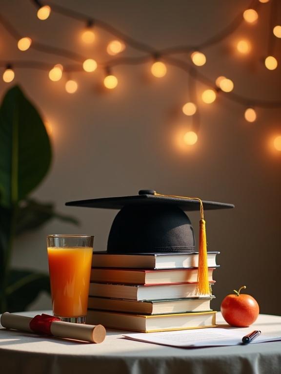 Staged graduation photoshoot scene shows mortarboard on stacks of textbooks. A diploma scroll lies beside. A glass of juice is next to an apple. A pen and paper are scattered over the table. Background has soft glowing fairy lights. Cinematic lighting sets a warm tone. Design leaves room for a center portrait.