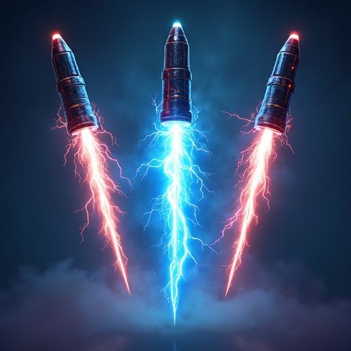 Lightning strikes seen as three piercing projectiles emitting electric arcs. Designed for ARPG games. Features a transparent background. No additional elements present.