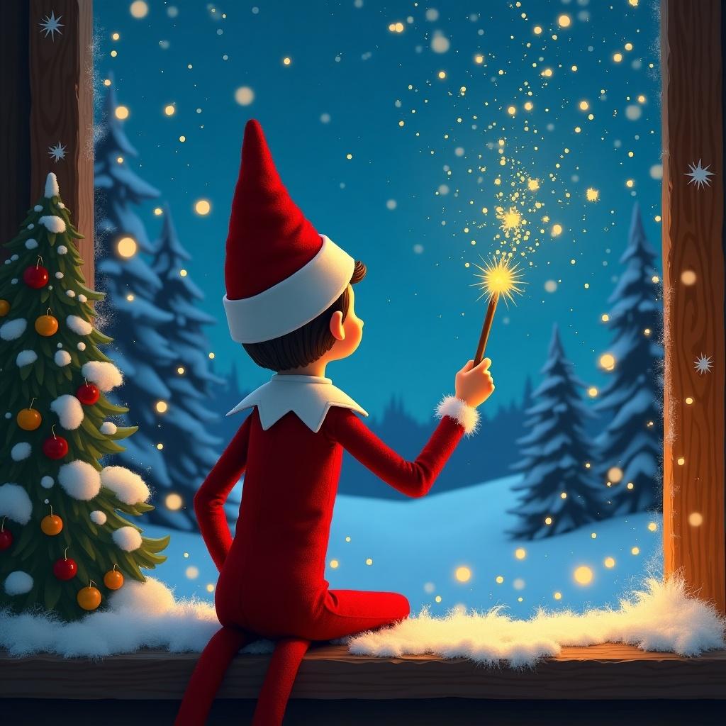 Elf on the Shelf looking out a window at a winter night sky. Elf in red outfit holding a wand. Glittering magic sparkles in the sky. Text refers to ride with tooth fairy and plans for holidays.